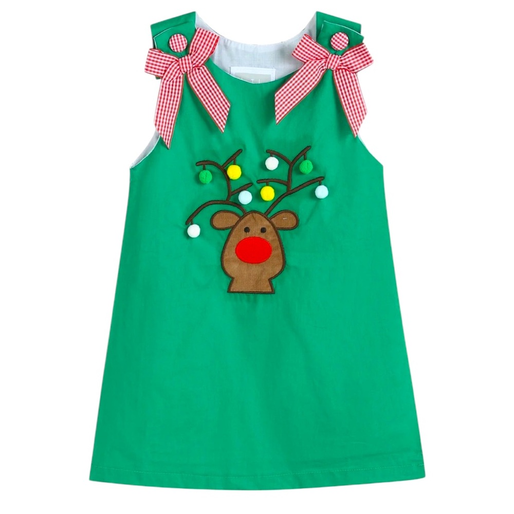 NWT Lil Cactus Green Pom Pom Reindeer Jumper Christmas Holiday Dress